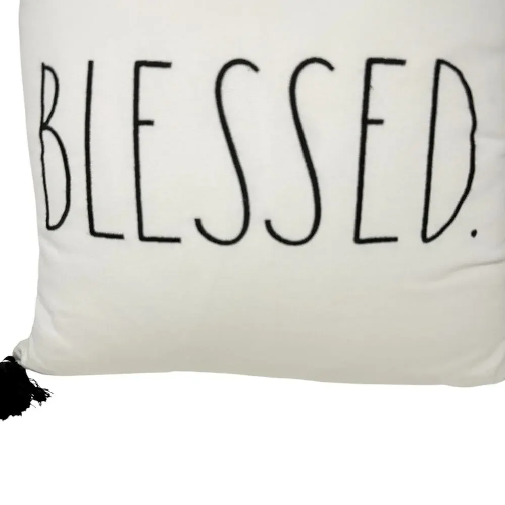 Rae Dunn BLESSED Throw Pillow Black White Plaid Tassel Farmhouse Accent Cushion